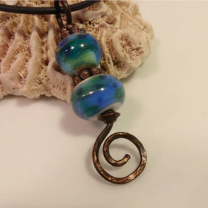 Handcrafted Lampwork Glass Bead n Copper Pendant - Blue Green